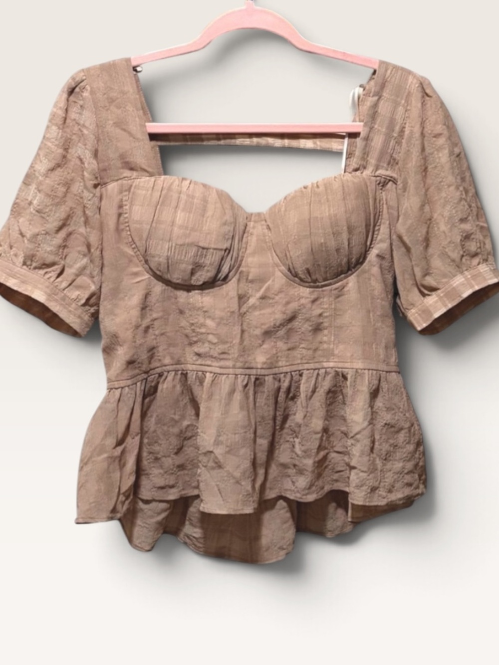 Haute Monde Peplum Top L Taupe Bustier Sweetheart Puff Sleeve Textured